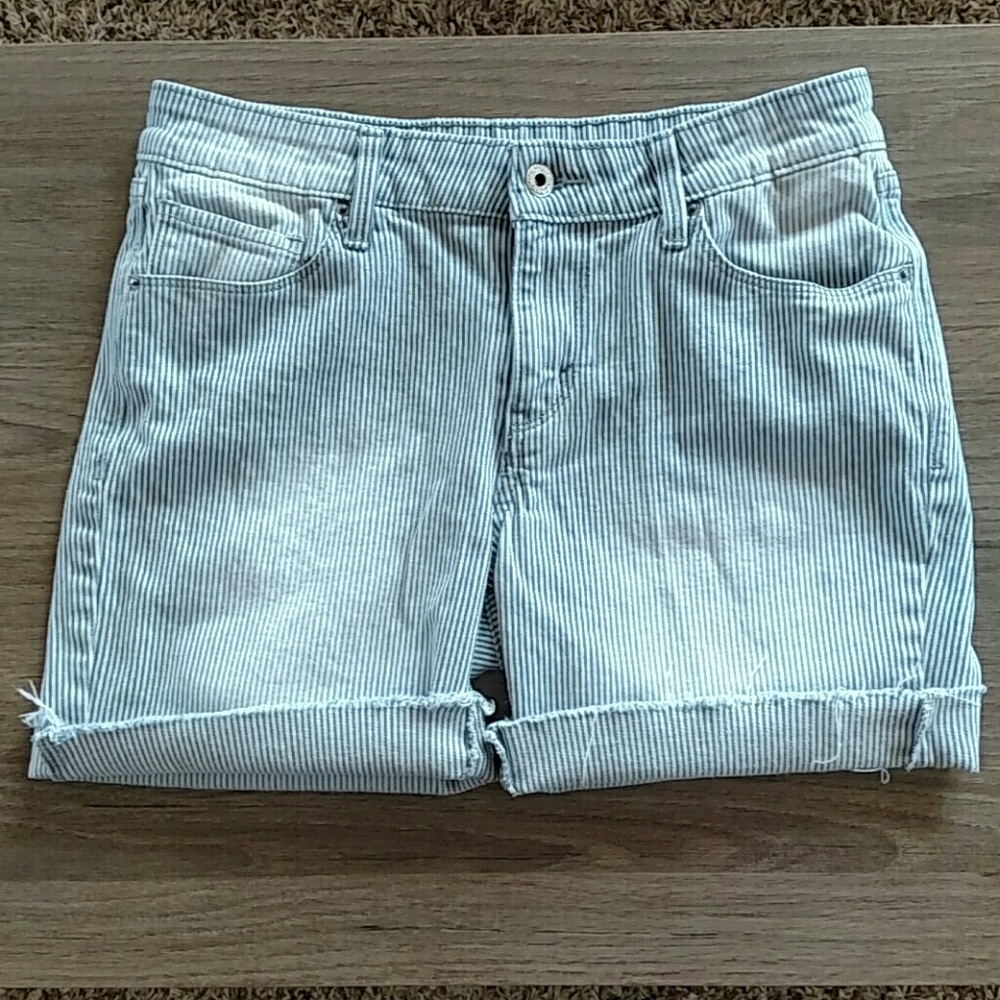 Levi's Distressed Raw Hem Pin Striped Denim Shorts